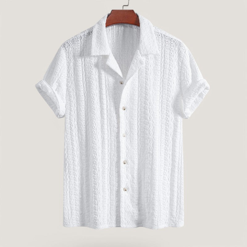 Terramalux-Men Set-Chemise cubaine jacquard et shorts en lin-coton